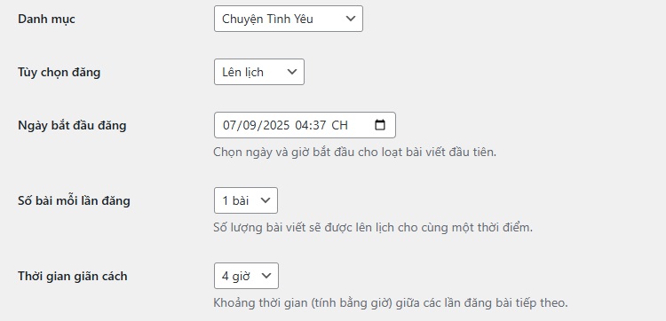 Chọn Được lịch đăng bài / ngày đăng / Số Bài Cần đăng 1 lần / Giới gian lặp lại